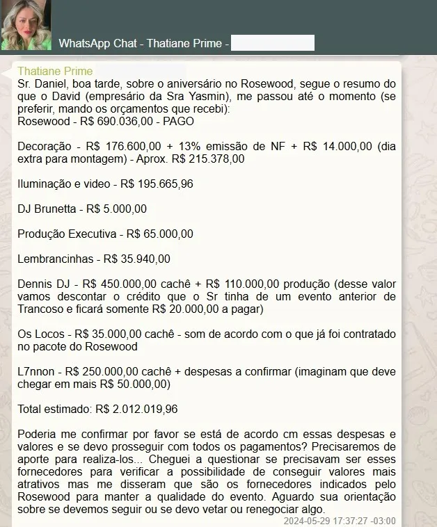republiqueBRA's tweet photo. 💰 🎉 Planilhas encontradas pela PF no celular de Daniel Vorcaro mostram que a festa de aniversário de Yasmin Brunet, no Hotel Rosewood em 2024, custou mais de R$ 2 MILHÕES ao banqueiro; ele teria se recusado a pagar despesas extras de última hora, incluindo o aluguel de um vestido de R$ 18 mil para a modelo, por considerar que já estava gastando demais no evento.