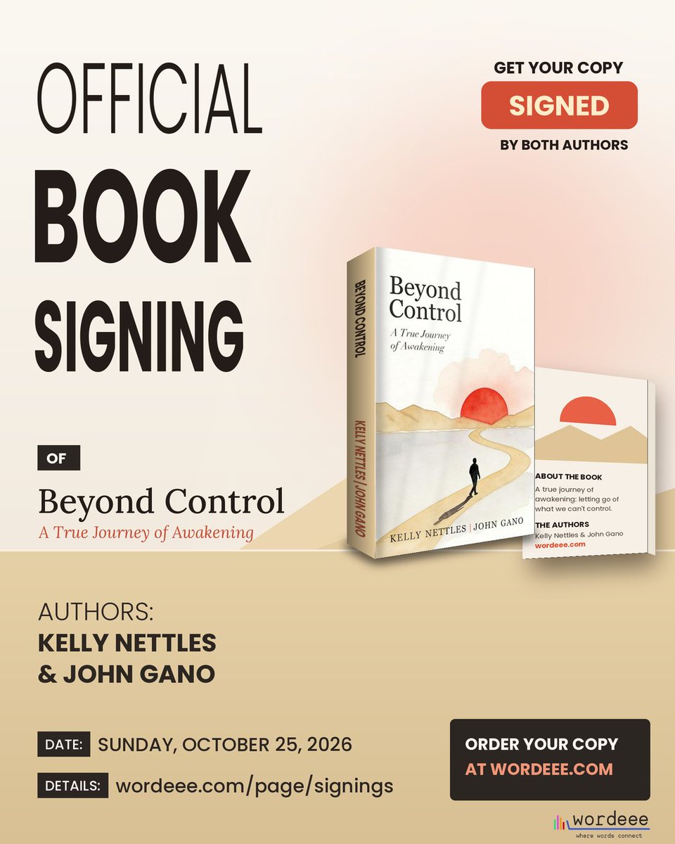 WordeeeMedia's tweet photo. This Sunday ✍️ Get Beyond Control signed by BOTH authors, Kelly Nettles &amp; John Gano! Oct 25, 4 PM, Barnes &amp; Noble Toco Hills, Atlanta. https://t.co/DbWKkkP9On #Wordeee #BookSigning https://t.co/ZtM7yOWWT7