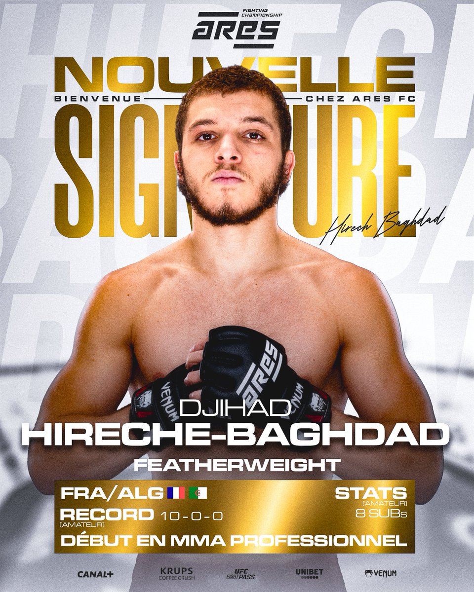 ares_fighting's tweet photo. La nouvelle pépite de la Atch Academy débarque chez ARES !🔥

Djihad Hireche-Baghdad 🇫🇷🇩🇿 arrive dans la catégorie featherweight avec un parcours amateur qui parle déjà pour lui : 10 combats, 10 victoires et 8 soumissions.

Bienvenue chez ARES Djihad ! ⚔️ https://t.co/bmVpYV02dE