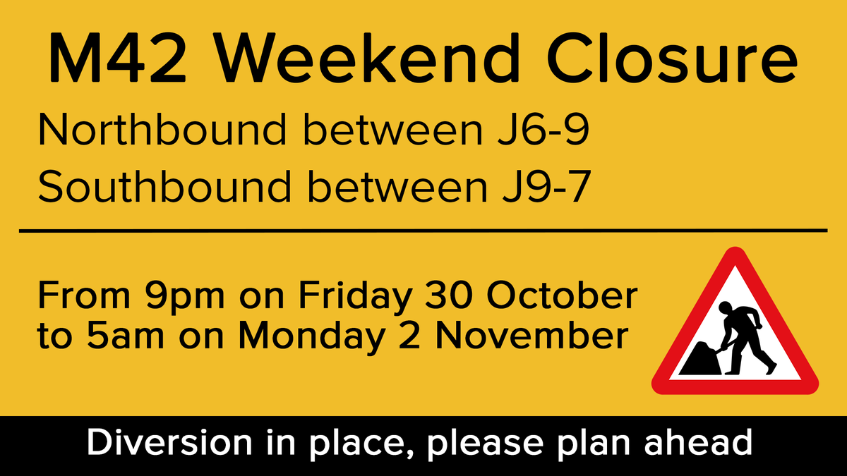 HighwaysWMIDS's tweet photo. ⚠️M42 HS2 closures - update⚠️

🚧HS2's postponed closure will now take place from 9pm on Fri 30 Oct to 5am on Mon 2 Nov:
➡️M42 NB closed J6-9
➡️M42 SB closed J9-7

🚨The M42 J7 to northbound M6 link closure will still go ahead this weekend as planned🚨

📌https://t.co/yanf5mOGVR https://t.co/J9XDOgKGaQ