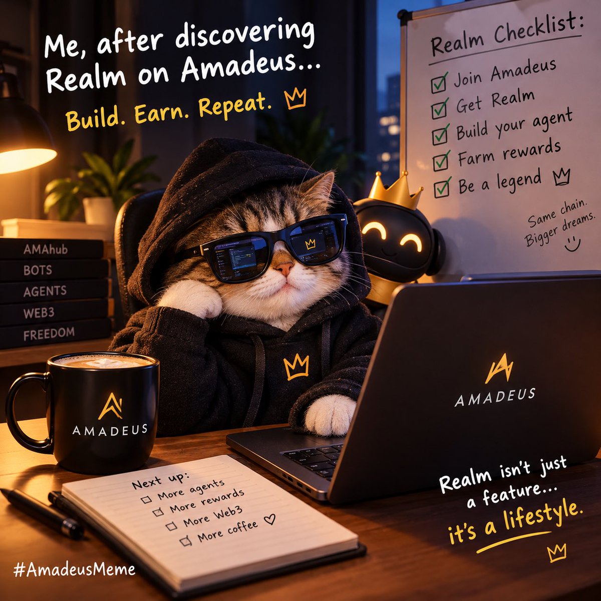 Android_ly's tweet photo. Me discovering Realm on Amadeus: 👀

Came for the agents, stayed for the ecosystem. Now my checklist is simple: Build. Earn. Repeat. 😂👑

#AmadeusMeme https://t.co/GwWGXI9pWH