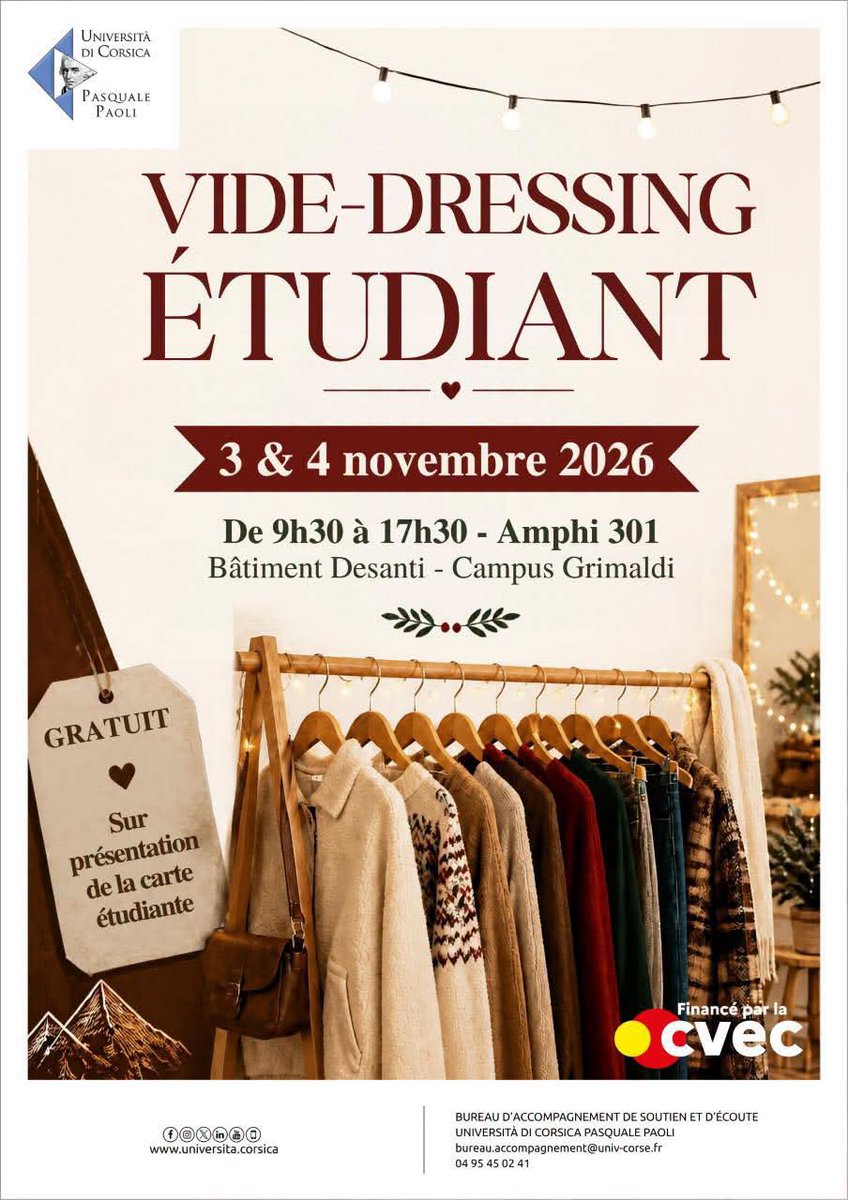 UnivCorse's tweet photo. 𝐕𝐢𝐝𝐞 𝐝𝐫𝐞𝐬𝐬𝐢𝐧𝐠 gratuit 👕

Le Bureau d’Accompagnement de Soutien et d’Écoute de l'Università vous invite à son vide dressing gratuit !

📆 Dates 👇
• Mardi 03/11 &amp; mercredi 04/11
⌚️ 9h30-17h30

📍 Bâtiment Desanti - Campus Grimaldi

Venite numerosi ! https://t.co/13eMelYBma