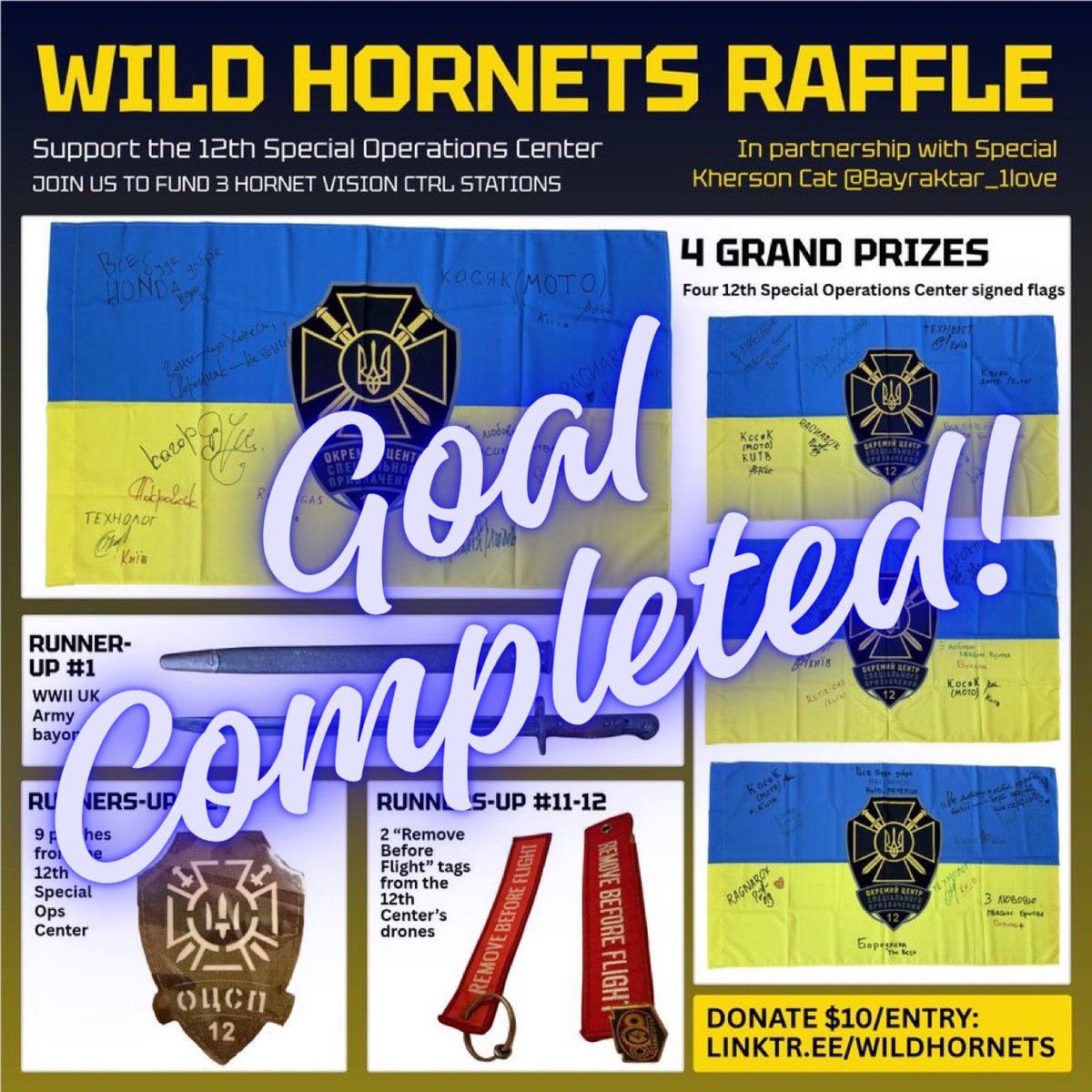 Wendehopes's tweet photo. 🐝 WILD HORNETS RAFFLE — WRAP-UP! 🇺🇦

Fellas and friends, we raised $17,994 for the 12th Special Operations Center! ❤️

That’s $394 OVER our $17,600 goal to fund 3 Hornet Vision CTRL stations, helping the unit operate STING interceptors to protect Kharkiv from enemy drone attacks. Wild Hornets will send them even more aid!

A huge thank you to everyone who donated, bought merch, and shared our fundraiser. Every contribution helped get us here!

Special thanks to:
🙏 @bayraktar_1love and the 12th Special Operations Center
🙏 @tomgpalmer for matching the first $2,000 in donations
🙏 Victor Malarek for donating the WWII British Army bayonet
🙏 Our raffle team and everyone who helped spread the word!

🏆 RAFFLE WINNERS🏆

** Please connect with @ArmedMaidan in DM for prize shipping 📦**

🚩 4 signed 12th Center flags:

🎉 AJ from Canada
🎉 Raymond B. from Canada
🎉@ https://t.co/0wWZumOPXO
🎉 @futurecatlady10 

⚔️ WWII British Army bayonet: 
🎉Ted from the UK

🐝 9x 12th Center patches:

🎉@ https://t.co/8daQLBMtJk
🎉 Jeff S. from Canada
🎉 @JonnyDMiles 
🎉 Fouine
🎉 @drstaceybutters 
🎉 @ https://t.co/kayiGUxHkf
🎉 @NotWoofers 
🎉 Bob Cup
🎉 @ https://t.co/VK7uTkkUzy

✈️ 2x “Remove Before Flight” tags:

🎉 @ https://t.co/tMS6RCbCfp
🎉 @ https://t.co/dHEJylCMi4

Congratulations to all our winners! 🎉

Thank you for continuing to show up for Ukraine and the heroes defending it. Your generosity helps make this work possible.

Слава Україні! 🇺🇦