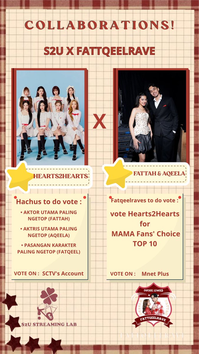 HachuStreamLab's tweet photo. 🩵 S2U × FATTQEELRAVE COLLABORATION ✨

Hello, Hachus! 👋🏻

We have another exciting collaboration, this time with FATTQEELRAVE! Let's support each other and work together to achieve our goals. 🤝🏻🩵

📌 S2U SUPPORTS FATTQEELRAVE
Help vote for FATTQEEL at the SCTV Awards 2026 on Instagram, X, and Facebook in the following categories:
1. PASANGAN KARAKTER PALING NGETOP (FATQEEL)
2. AKTOR UTAMA PALING NGETOP (FATTAH)
3. AKTRIS UTAMA PALING NGETOP (AQEELA)

✅ Liking the voting posts is mandatory.
💬 Commenting and sharing are optional but appreciated!

📌 FATTQEELRAVE SUPPORTS S2U
FATTQEELRAVE will help support Hearts2Hearts in the upcoming MAMA Fan’s Choice Final Round voting. 🗳🩵

🔗 VOTING LINKS
📸 Instagram: 
- AKTOR UTAMA PALING NGETOP (FATTAH) 
(https://t.co/mR38jivKzM) 
- AKTRIS UTAMA PALING NGETOP (AQEELA) 
(https://t.co/rsISw2dx1Q) 
- PASANGAN KARAKTER PALING NGETOP (FATQEEL) 
(https://t.co/NS7MsQ5s5F)

𝕏 X: 
- AKTOR UTAMA PALING NGETOP (FATTAH) 
(https://t.co/zooGtlitWJ) 
- AKTRIS UTAMA PALING NGETOP (AQEELA) 
(https://t.co/ByINNMDdcA) 
- PASANGAN KARAKTER PALING NGETOP (FATQEEL) 
(https://t.co/nc78glSQ0r)

📘 Facebook: 
- AKTOR UTAMA PALING NGETOP (FATTAH) 
(https://t.co/fRoGzpnjLv) 
- AKTRIS UTAMA PALING NGETOP (AQEELA) 
 (https://t.co/liCjLnl5o1) 
- PASANGAN KARAKTER PALING NGETOP (FATQEEL) 
 (https://t.co/EOAhSknXc2)

📂 Proof submission (Google Drive): [https://t.co/Oqi96nivFT]

📸 PROOF SUBMISSION GUIDELINES
Please submit your screenshots in the replies to this post or upload them directly to our Google Drive folder. Don't forget to add a watermark to your proof!

🩵 LET'S MAKE THIS COLLABORATION A SUCCESS!

Come on, Hachus! Don't forget to participate and support our collaboration. Every like matters and means a lot to both fandoms!

3 likes = 1 Mnet account supported! ✨

Let's help each other and show what we can achieve together! 🩵🌙

#Hearts2Hearts #하츠투하츠 #H2H
#S2UxFATTQEEL
#S2UStreamLab