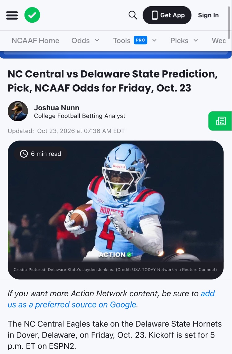 Steponaduck's tweet photo. More FCS Friday night football as the MEAC gets highlighted tonight on ESPN2. Full write up over at @ActionNetworkHQ 

https://t.co/Xie2BL6qsc https://t.co/F6yiqhMlVN