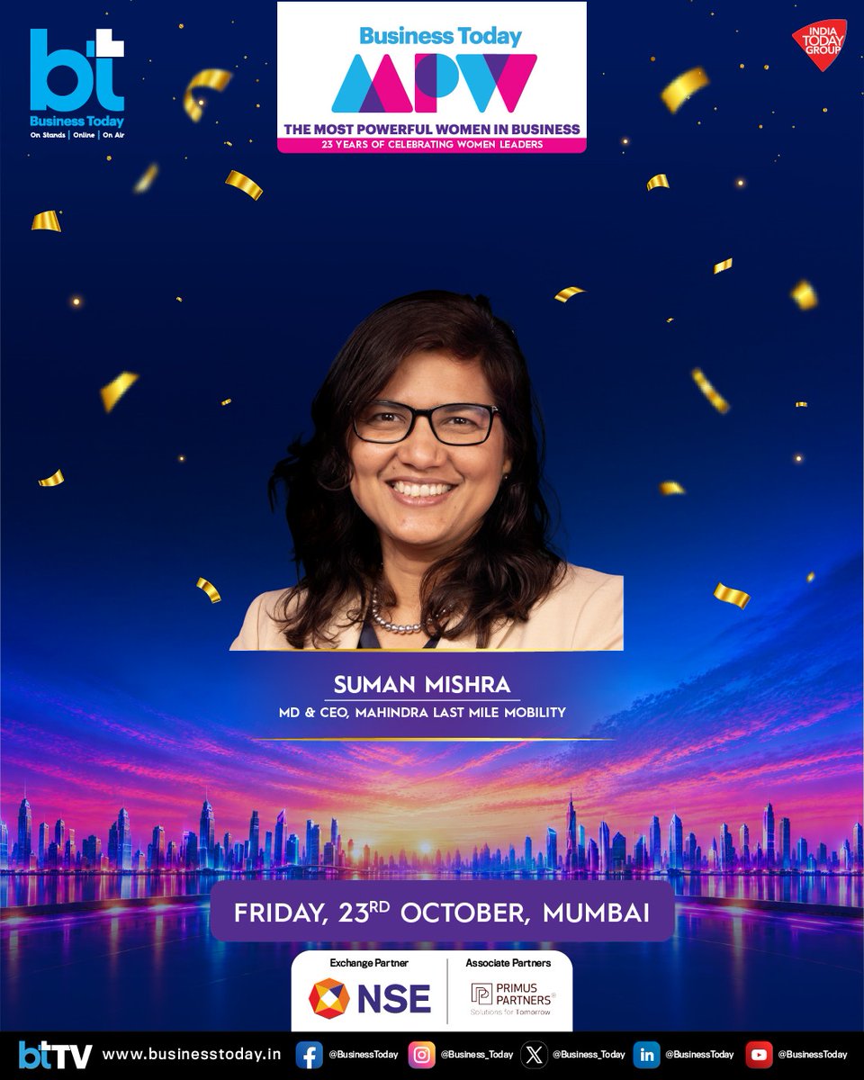 business_today's tweet photo. #BTMPW2025 ♀️ Awards: Suman Mishra (@sumanmishra_1), MD &amp; CEO, Mahindra Last Mile Mobility (@MahindraLMM), gets #BTMostPowerfulWomen in Business Award 

Follow: https://t.co/20jSf5wq3z

@nseindia | @partners_primus https://t.co/BxqqyNwOL0