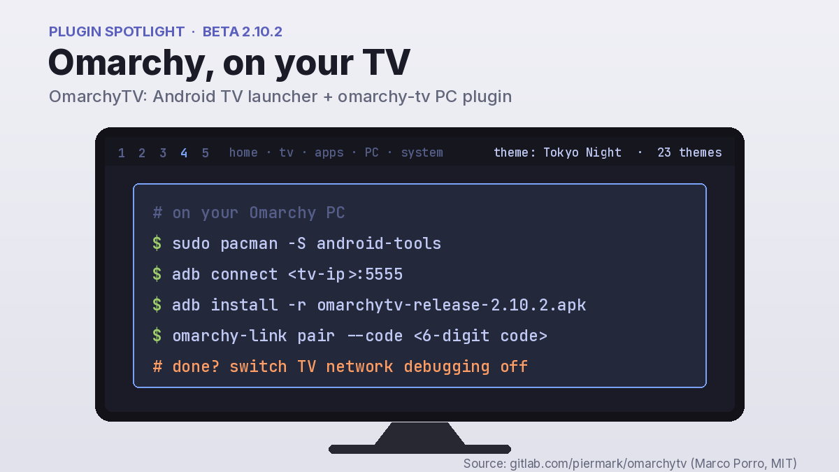 ItsAlexKane's tweet photo. OmarchyTV beta: all 23 Omarchy themes on your Android TV

✅ Terminal screensaver + live PC stats
✅ PC plugin syncs your theme + shares your screen
Installs over adb:
sudo pacman -S android-tools

Network debugging opens the TV to your LAN. Turn it off after. #Omarchy https://t.co/kg7eqX4BwY
