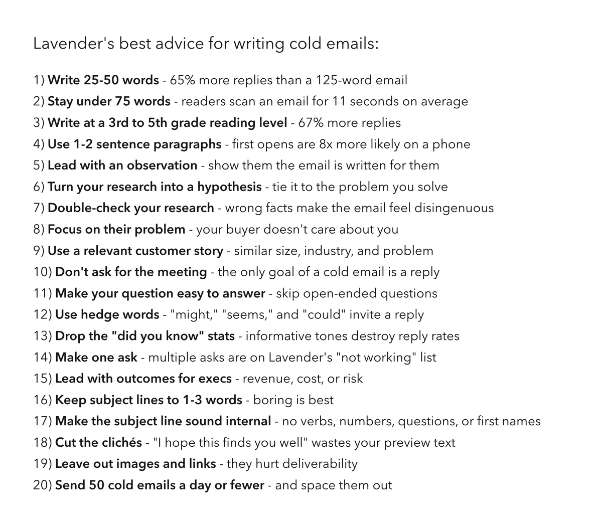 NickAbraham12's tweet photo. Lavender analyzed 28.3 million emails to find out what gets replies.

Here’s what they found: https://t.co/OEWIMz12W5