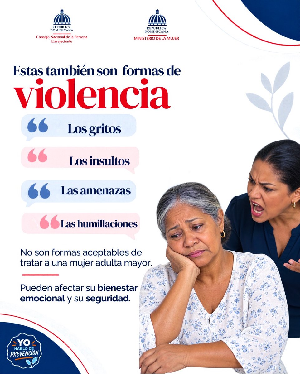 CONAPERD's tweet photo. Los gritos, insultos y amenazas son formas de maltrato que no deben normalizarse. Las mujeres adultas mayores merecen respeto y seguridad.

Desde el CONAPE, nos unimos al Ministerio de la Mujer en la campaña «Hablemos de Prevención» para prevenir la violencia. https://t.co/7fjyGBpp8I