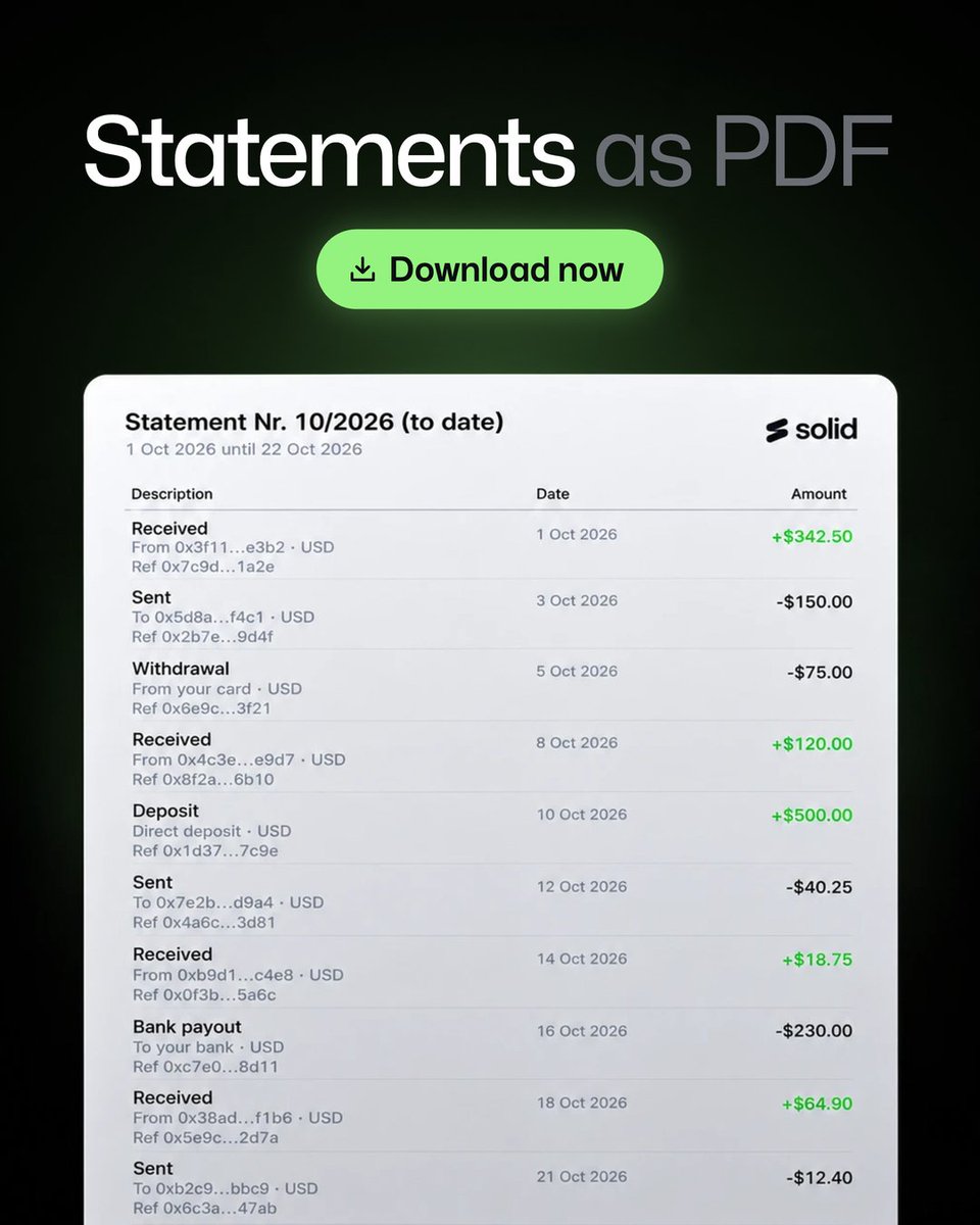 SolidYield's tweet photo. We heard you fren 🫡

You can now download your statements as clean, well-formatted PDFs. 

Pick a month or a custom range, tap download, done. https://t.co/BOLOS6lIw3