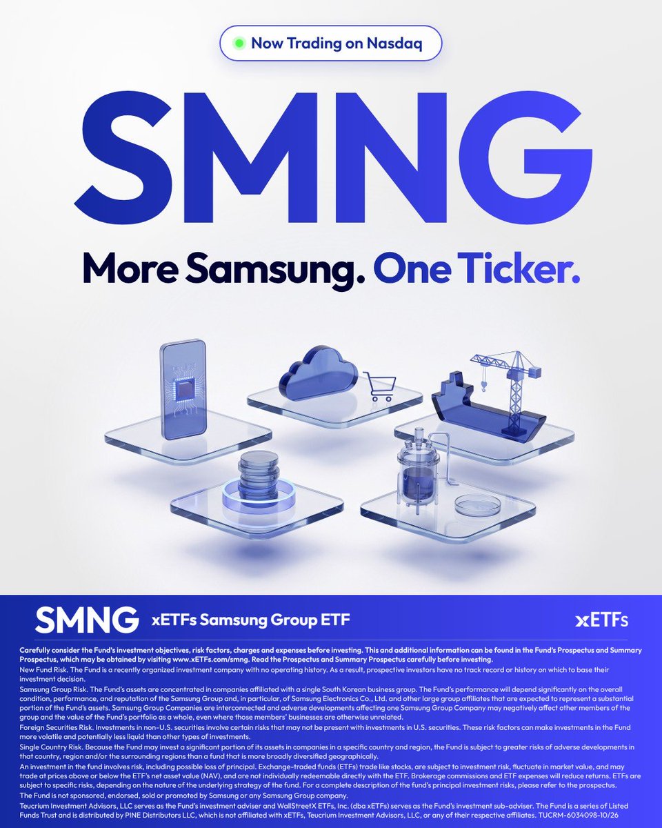 x_ETFs's tweet photo. We’re excited to announce the launch of $SMNG, the xETFs Samsung Group ETF, now trading on Nasdaq.

The Samsung Group is far more than smartphones. Its companies span memory chips, batteries, shipbuilding, insurance, biotech and more. 

Until today, there was no U.S.-listed ETF focused on them.

SMNG changes that. It offers differentiated exposure to  a portfolio of Samsung Group companies at launch, in one ticker.

More Samsung. One ticker.

To learn more about the fund, for current holdings, and the risks of investing, visit https://t.co/WJ2WmFK7wu