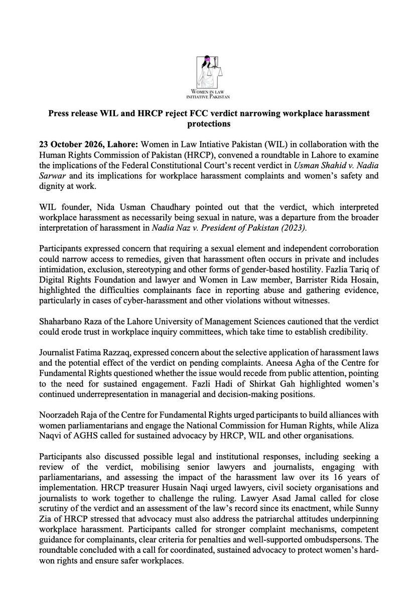 WomenInLawPk's tweet photo. Women in Law Initiative Pakistan (WIL) and Human Rights Commission of Pakistan (@HRCP87)  reject the FCC verdict narrowing workplace harassment protections. Our detailed press release and call to action is as follows: https://t.co/Fqp8VNXXwe