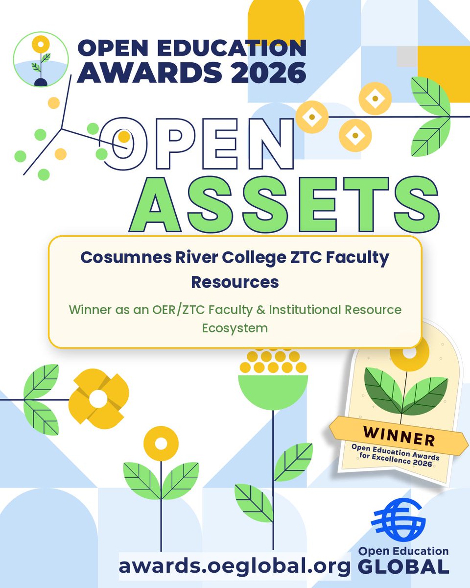 OpenEdGlobal's tweet photo. 🎉 Congratulations to Cosumnes River College ZTC Faculty Resources — 2026 What We Share winner! https://t.co/jxm5NvzTgo
#OEAwards26 #OEAwards26Winners #OpenEducation https://t.co/aaJmj0PaCb