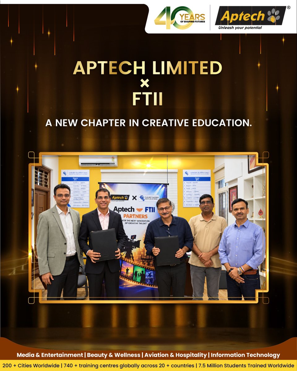 aptechltd's tweet photo. A new chapter in creative education!
Aptech Limited has signed an MoU with FTII, Pune.
The collaboration aims to expand access to cinema and filmmaking education, bringing technology and creativity together to open new avenues for learning and skill development.
#Aptech #FTII https://t.co/kLdMvscsEN