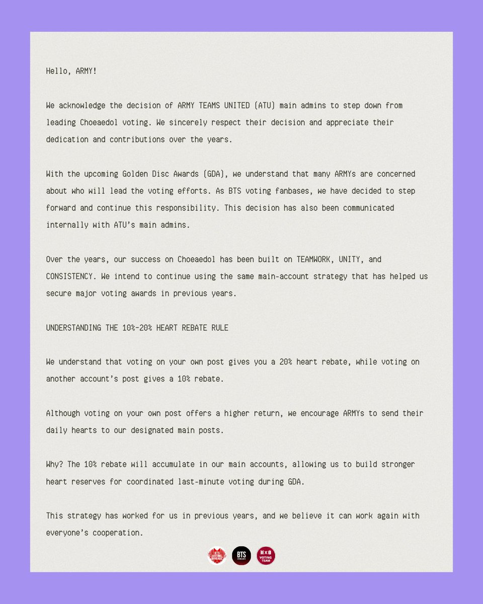 btsvotingunite's tweet photo. 📢 OFFICIAL STATEMENT | CHOEAEDOL GDA VOTING https://t.co/x9n37uf6ER