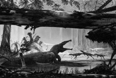 JoschuaKnuppe's tweet photo. Starting this up again! 
Name a piece of paleoart that had a large impact on you.

This piece, by Douglas Henderson, showing a Rutiodon startling some Fadrosaurus, lives rent free in my head. The masterful use of light and dark totally stunned me as a child. https://t.co/A9TJEqQovr