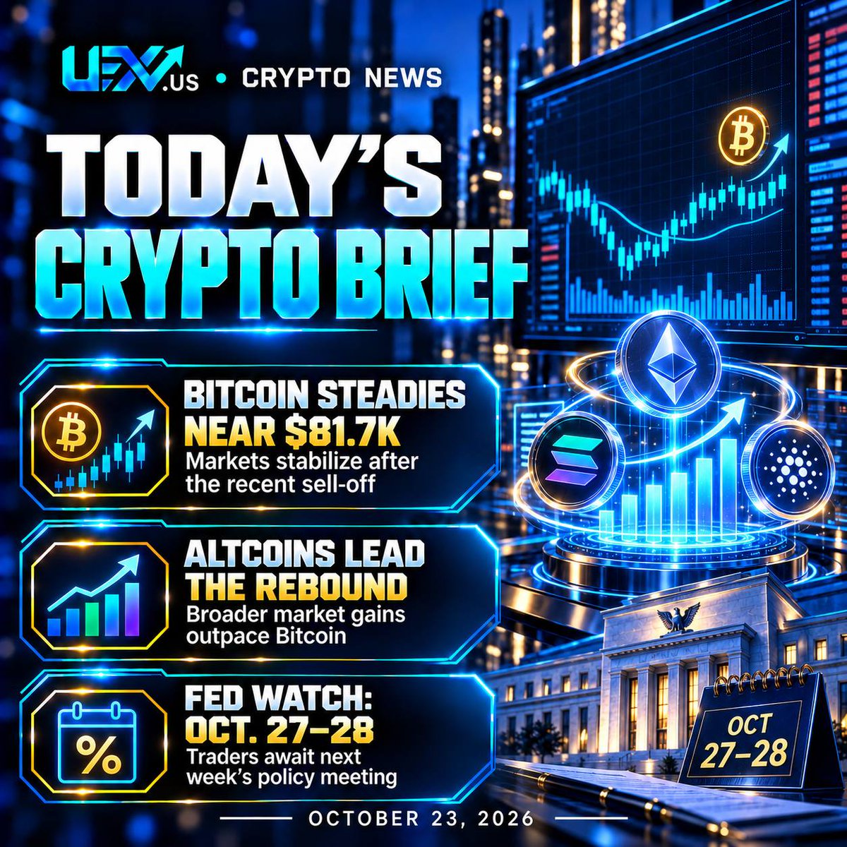 uex_us's tweet photo. Good Morning.📊 Today’s Crypto Brief

Bitcoin is steady near $81.7K as the broader market looks to recover. Altcoins are showing stronger momentum, while traders turn their attention to the Fed meeting on October 27–28. https://t.co/ZTBj4vCPuD
