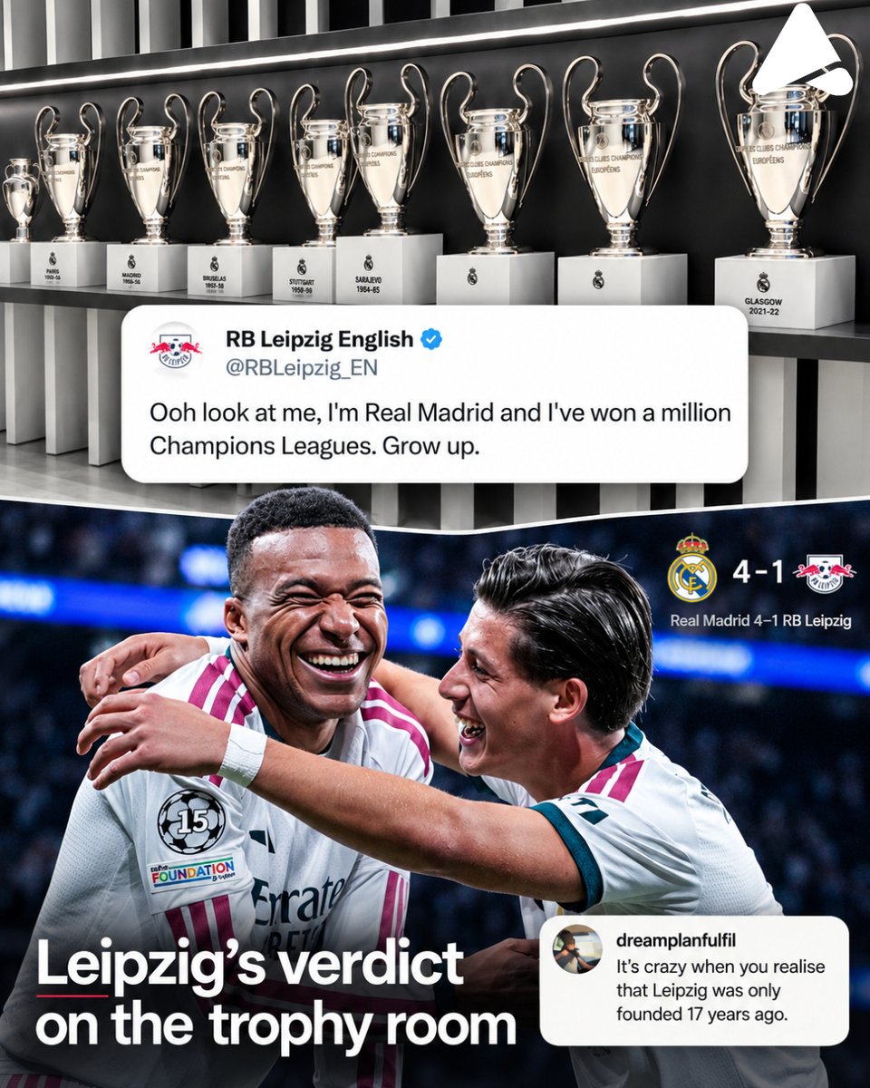 ACTXIONAPP's tweet photo. Leipzig saw Madrid’s Champions League collection and told them to “grow up” 😭🏆

Fair play, that’s an excellent admin joke.

Losing 4–1 afterwards did leave Madrid with a fairly strong reply, though. https://t.co/iGZh29YZFL
