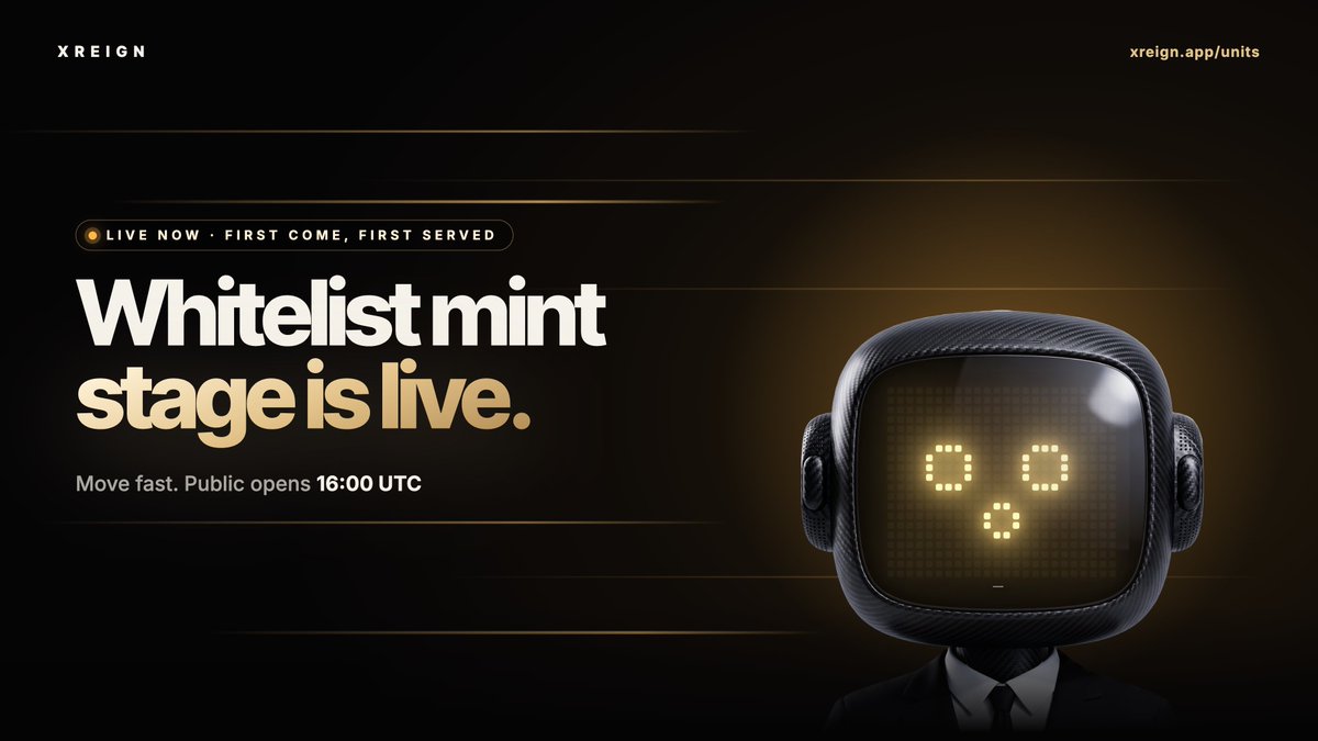 xreign_app's tweet photo. Whitelist mint stage is live.

First come, first served. If you made the list, mint now. Spots go to whoever gets there first.

Free mint. One per wallet across all stages.

Mint: https://t.co/9JclPo3zZj
Your stage: https://t.co/WLg4Xsx7wE

Public opens at 16:00 UTC.

The reveal comes once minting is complete. Until then nobody knows who holds the rare traits.
