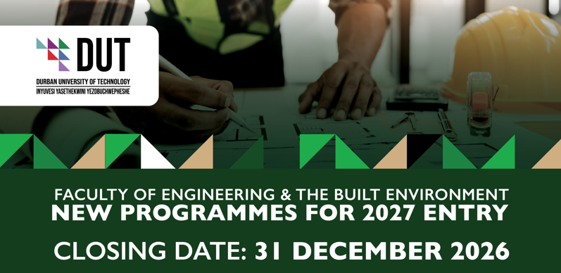 Yfm's tweet photo. Take the next step towards your future at DUT! 🏗️⚙️

The DUT Faculty of Engineering and the Built Environment (FEBE) is offering new Extended Curriculum Programmes (ECPs) for the 2027 academic year. 

Explore available programmes👉 https://t.co/ba2OM12ZMg https://t.co/okXq3PF105