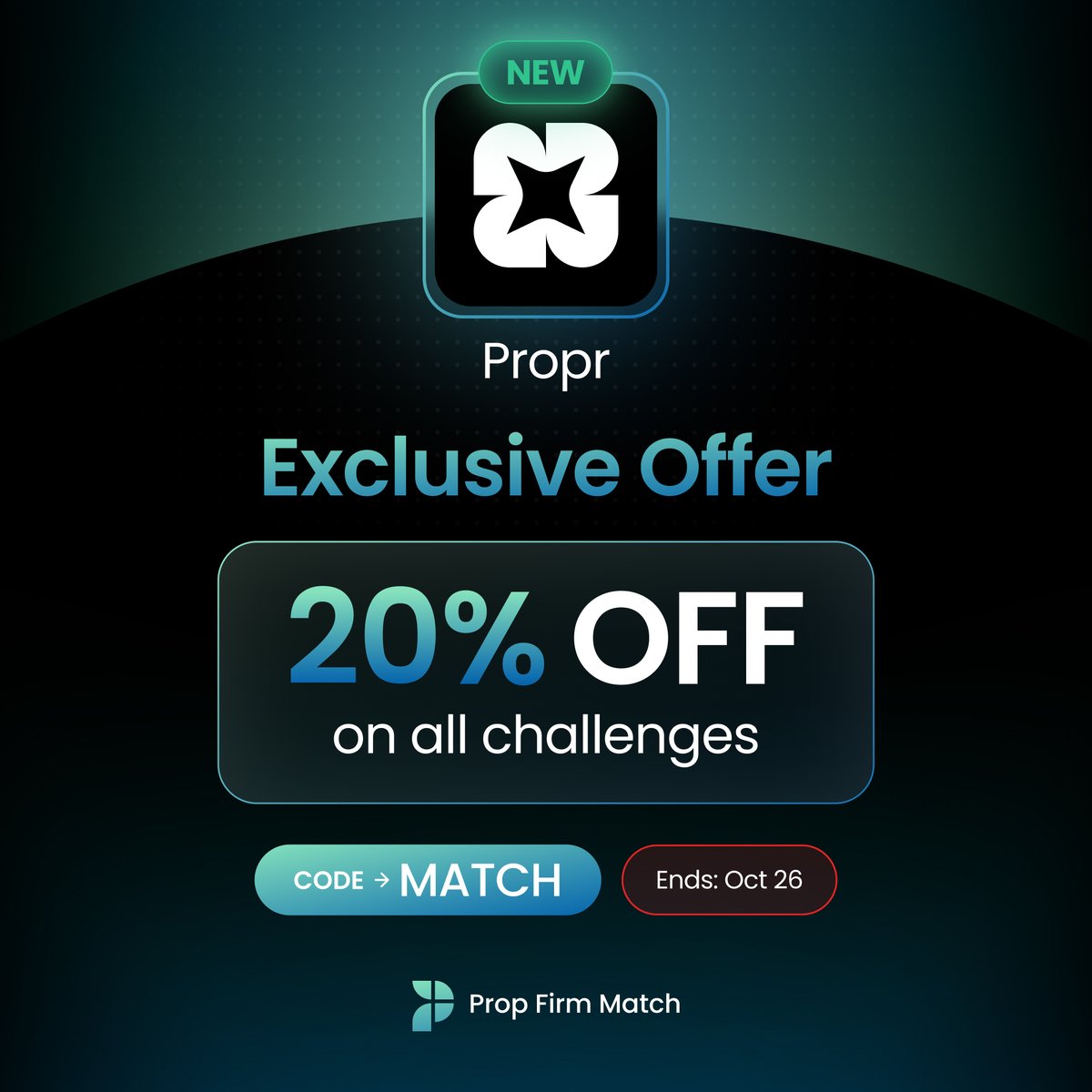 PropFirmMatch's tweet photo. Propr has a new exclusive offer for Prop Firm Match users.

Get 20% off on all accounts.

✅ Use code MATCH to claim the offer. https://t.co/hzlhMIg26U