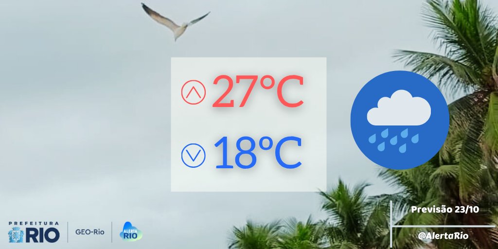 AlertaRio's tweet photo. TEMPO HOJE | Nesta sexta-feira (23/10) o céu estará nublado a encoberto e há previsão de pancadas de chuva isoladas durante a tarde e noite. Os ventos estarão fracos a moderados e as temperaturas permanecerão estáveis em relação ao dia anterior.
➡️ https://t.co/JaHmLX4KdB https://t.co/TYUyvuMcPH