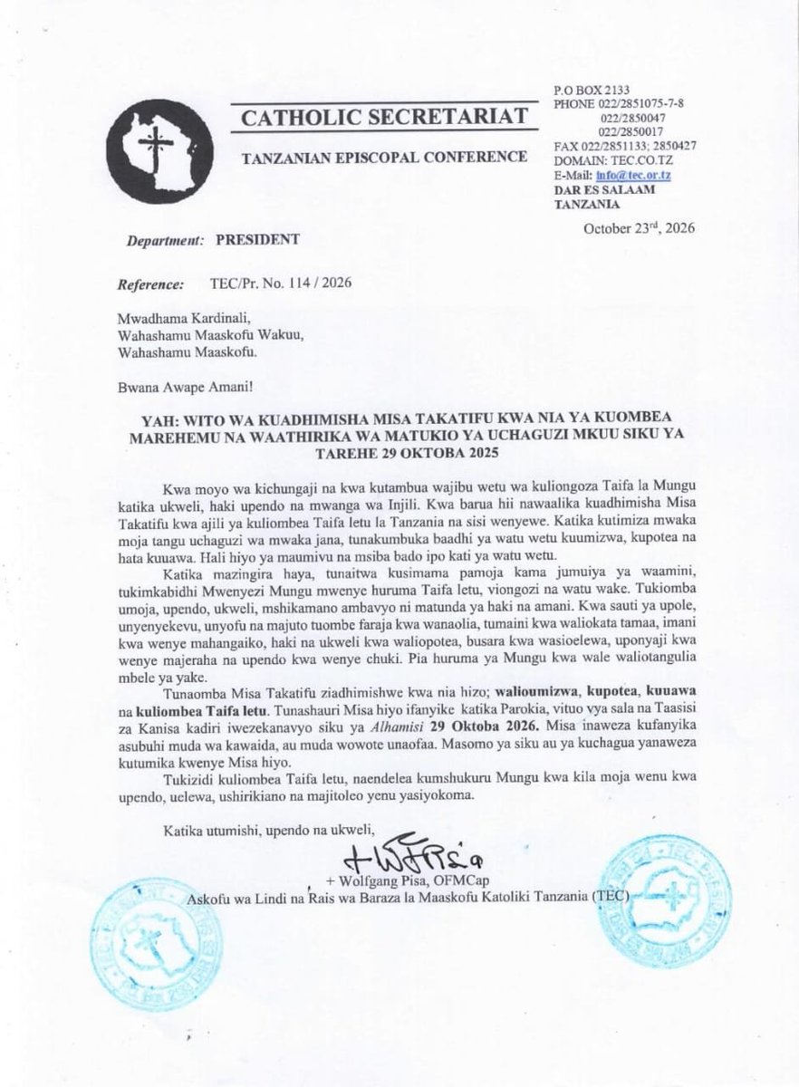 Twaha_Mwaipaya's tweet photo. KANISA KATOLIKI LIMETOA MAAGIZO YA TANZAZO LA MISA YA KUWAOMBEA WATU WALIOUWAWA OCTOBA 29.10.2025

Misa nchi zima, Kanisa limeagiza Kesho watangaziwe kwenye jumuiya ndogo ndogo, jumapili tutangaze kanisani, na wiki yote inayofuata Itakuwa ya kutangaziana https://t.co/6m39Imyh5F