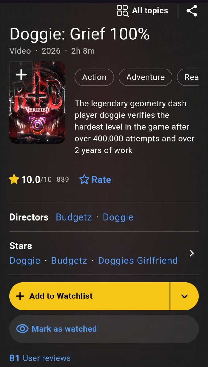 _Ninde's tweet photo. Doggie is back on IMDb! 900 reviews giving it a 10 star.
Greatest piece of media, ever. https://t.co/KysV8zULxQ