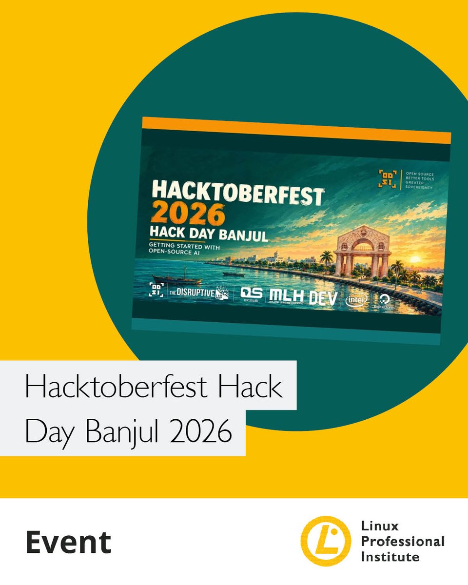 LPIConnect's tweet photo. Ready to turn your code into #FOSS contributions? ๐ง๐ช
Join Hacktoberfest Hack Day Banjul 2026 on Oct. 31 in The Gambia, hosted by @odsi_africa and @osca_hq Gambia.
The winner gets a free #LinuxEssentials exam voucher, and all participants get 20% off LPI exams!
โก๏ธ https://t.co/Or2QHrpcii