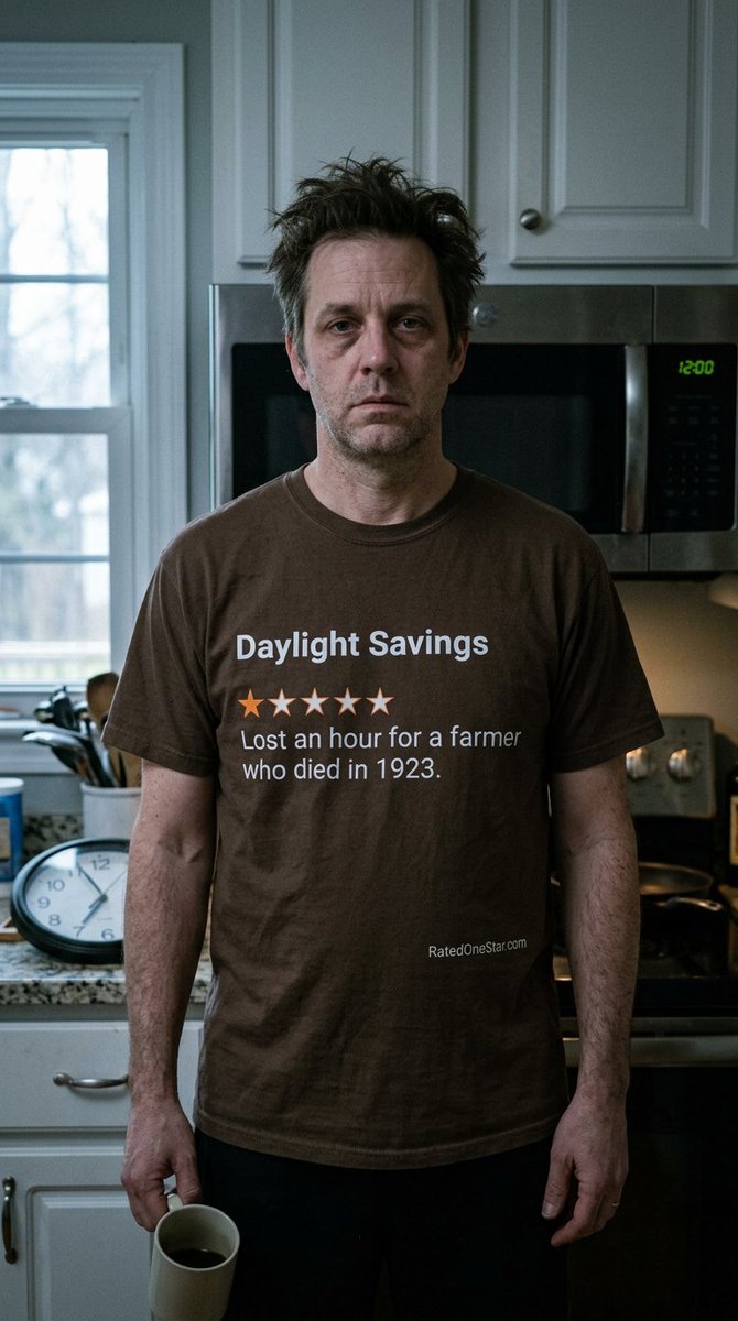 RatedOneStarHQ's tweet photo. Spring: the government steals an hour of sleep for a farmer who died in 1923.

Fall: hands it back at 2 AM like a drunk ex.

Daylight Savings.
Rated One Star.
Royally Sucks! Would NOT Recommend.

Set your clock here:
https://t.co/Ijtu3aUaRw

#DaylightSaving #FallBack https://t.co/tVL8UtD07H