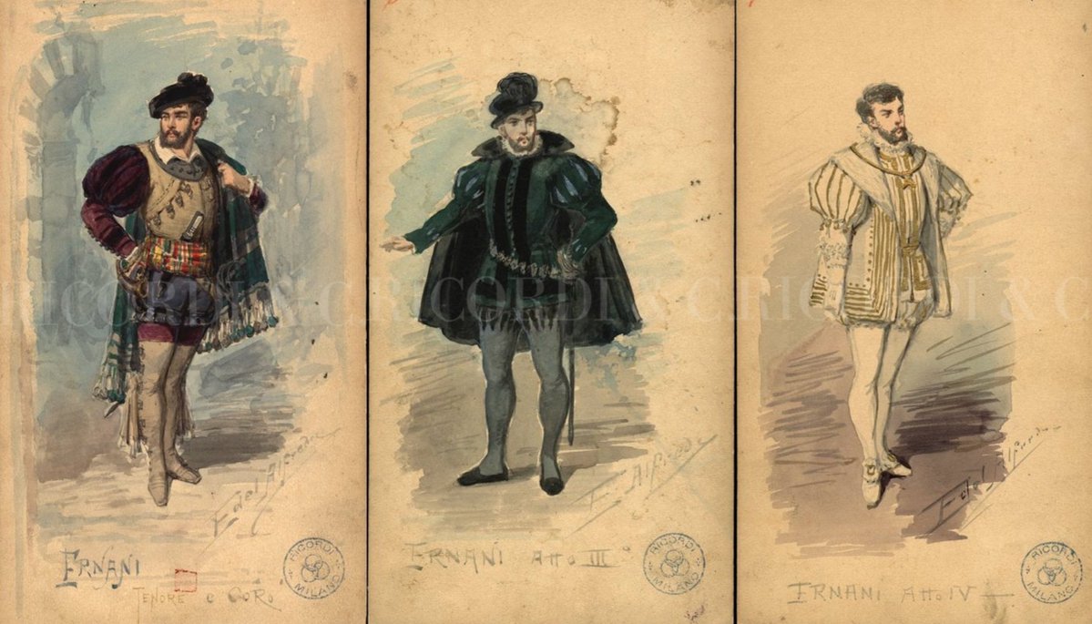 trajesastre_'s tweet photo. Alfredo Leonardo Edel, 'Figurines para el noble y bandolero Ernani', 1844, Archivo Ricordi https://t.co/ZceexQn4HX