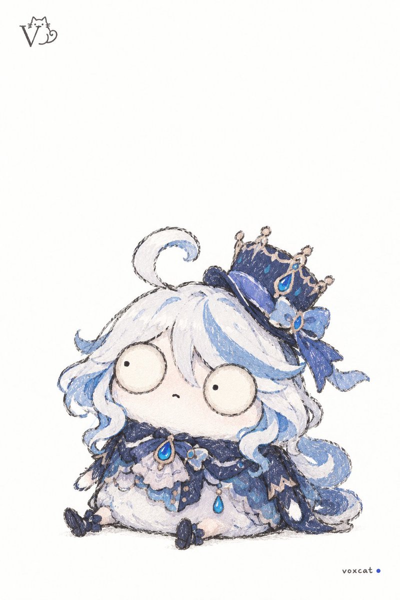 VoxcatAI's tweet photo. 风格基调：当代绘本插画 × 冷面呆萌 × 油画棒粗纸纹 × 极简留白 × 角色符号压缩。

角色越复杂，越要先删到只剩「剪影 + 主色 + 1 个标志性细节」，辨识度反而会更强。

提示词：

【角色】，以当代绘本插画的冷面呆萌风格呈现。

先提炼该角色最具辨识度的特征，包括标志性发型或头部轮廓、主色、服装廓形、一件代表性配饰或道具。把它们简化后放到一个头身相连、没有脖子、上窄下宽的圆润豆形体块上，重心落在底部，四肢缩成细小的简笔附件。只靠剪影、主色和一个标志性细节就能认出是谁。

头部有两只超大的正圆形眼睛，各约占头宽三分之一。眼白为奶油色，带一圈暖灰色边缘过渡，中央只有极小的黑色瞳孔；远侧眼睛略微凸出头部轮廓。表情空白、目光呆滞，带着无辜的冷幽默。嘴部或鼻部只保留一个极小的简单形状。

动作取自该角色最典型的性格或习惯，处理���一个松弛、笨拙、不太体面的瞬间，例如瘫坐、发呆、抱着标志性道具愣住、或做招牌动作做到一半卡住。画面只有这一个动作，身体略微歪斜，四肢随意。

配色以该角色的标志性主色为基础，整体降低饱和度，形成同色系的三层固有色明度：主体上部最深，下部最浅，附属部位与次要结构更深。该角色的辅助色作为少量色相变化混入深色区域。全画面只保留一处极小面积的高饱和焦点色，放在角色最有辨识度的小部件上。

线条为灰黑色干性蜡笔质感描线，粗细不均，带自然手抖，局部断开不闭合。填色呈现油画棒在粗纹画纸上拖过的效果，色块内可见均匀的纸纹颗粒，边缘略微溢出线外。表面用稀疏的简笔小符号表示该角色的材质，如羽毛用小 U 形弧、毛发用短撇、鳞片用小圆弧、布料用短直线、金属用短横线；不同区域之间用一条波浪形扇贝线分隔。

画面没有明确光源和投影，只在主体底边轻微加深。竖版 2:3，纯白背景，主体位于画面下半部，上方保留约一半的大面积留白。画面干净，主体剪影清晰完整。

左上角留白处加入由字母 V 与猫图形构成的小型炭灰色蜡笔线描 logo；画面右侧约 5% 边缘位置有极小的小写手写“voxcat”，末尾带一个青金石蓝小圆点。