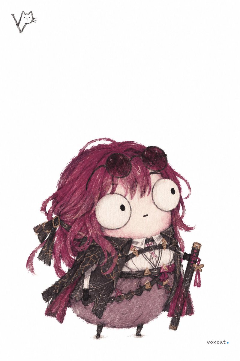 VoxcatAI's tweet photo. 风格基调：当代绘本插画 × 冷面呆萌 × 油画棒粗纸纹 × 极简留白 × 角色符号压缩。

角色越复杂，越要先删到只剩「剪影 + 主色 + 1 个标志性细节」，辨识度反而会更强。

提示词：

【角色】，以当代绘本插画的冷面呆萌风格呈现。

先提炼该角色最具辨识度的特征，包括标志性发型或头部轮廓、主色、服装廓形、一件代表性配饰或道具。把它们简化后放到一个头身相连、没有脖子、上窄下宽的圆润豆形体块上，重心落在底部，四肢缩成细小的简笔附件。只靠剪影、主色和一个标志性细节就能认出是谁。

头部有两只超大的正圆形眼睛，各约占头宽三分之一。眼白为奶油色，带一圈暖灰色边缘过渡，中央只有极小的黑色瞳孔；远侧眼睛略微凸出头部轮廓。表情空白、目光呆滞，带着无辜的冷幽默。嘴部或鼻部只保留一个极小的简单形状。

动作取自该角色最典型的性格或习惯，处理���一个松弛、笨拙、不太体面的瞬间，例如瘫坐、发呆、抱着标志性道具愣住、或做招牌动作做到一半卡住。画面只有这一个动作，身体略微歪斜，四肢随意。

配色以该角色的标志性主色为基础，整体降低饱和度，形成同色系的三层固有色明度：主体上部最深，下部最浅，附属部位与次要结构更深。该角色的辅助色作为少量色相变化混入深色区域。全画面只保留一处极小面积的高饱和焦点色，放在角色最有辨识度的小部件上。

线条为灰黑色干性蜡笔质感描线，粗细不均，带自然手抖，局部断开不闭合。填色呈现油画棒在粗纹画纸上拖过的效果，色块内可见均匀的纸纹颗粒，边缘略微溢出线外。表面用稀疏的简笔小符号表示该角色的材质，如羽毛用小 U 形弧、毛发用短撇、鳞片用小圆弧、布料用短直线、金属用短横线；不同区域之间用一条波浪形扇贝线分隔。

画面没有明确光源和投影，只在主体底边轻微加深。竖版 2:3，纯白背景，主体位于画面下半部，上方保留约一半的大面积留白。画面干净，主体剪影清晰完整。

左上角留白处加入由字母 V 与猫图形构成的小型炭灰色蜡笔线描 logo；画面右侧约 5% 边缘位置有极小的小写手写“voxcat”，末尾带一个青金石蓝小圆点。