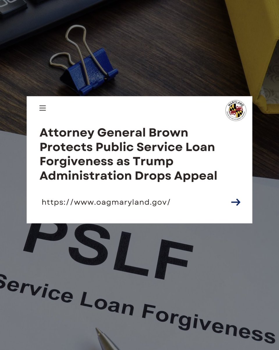 OAGMaryland's tweet photo. Public Service Loan Forgiveness helps librarians, nurses, and caregivers pay off their federal student loans.

The Trump administration tried to restrict loan forgiveness for employees of certain government and nonprofit organizations. A federal court struck down the rule in June, and the administration has now dropped its appeal.

Public servants who meet the program’s requirements deserve the loan forgiveness they’ve earned. My Office will keep standing up for Marylanders who serve our communities.

Full press release: https://t.co/zrNBWPlTNL