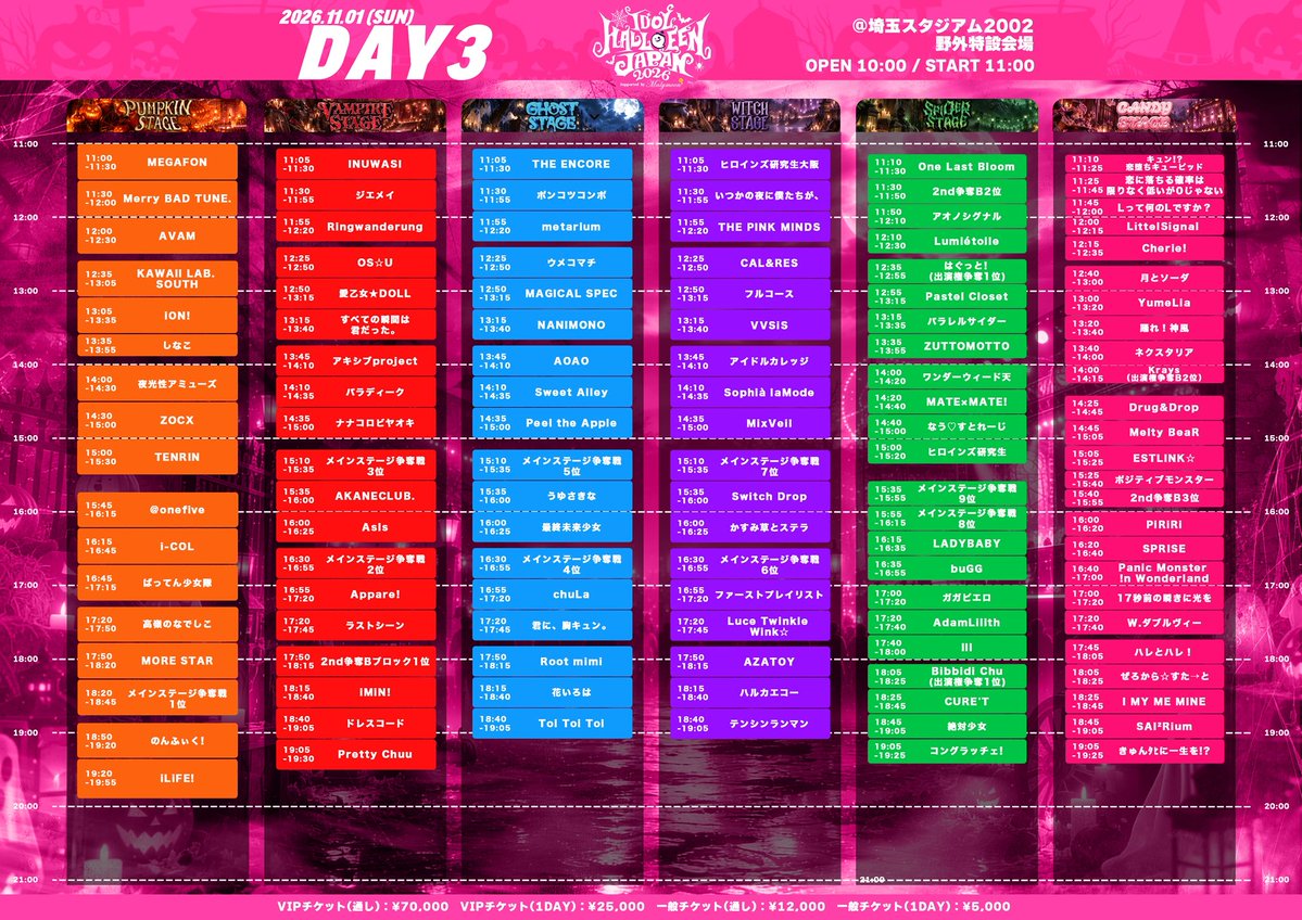 huggto_official's tweet photo. 🔥🔥🔥🐼ライブ情報🐼🔥🔥🔥
2026年11月1日(日)
IDOL HALLOWEEN JAPAN 2026 
       Supported by Malymoon
📍埼玉スタジアム2002 野外特設ステージ  
⏰OPEN10:00/START11:00
🌟SPIDERSTAGE🌟
🎤12:35-12:55
📸未定
🎫 ・VIPチケット(3DAYS)：¥70,000
・VIPチケット(1DAY)：¥25,000
・⼀般 チケット(3DAYS)：¥12,000
・⼀般 チケット(1DAY)：¥5,000  
※各税込
🔗 https://t.co/FEQKV4sUFA
🎁チェキ券2枚+コメント券2枚+集合写メ+10秒動画券+ハロウィン推しメンブロマイド🎃(サインコメントトーク付き)
VIPチケットの方はスタンプカード3P+チェキ券1枚

🎃仮装して来た方限定🎃
物販で3,000円以上購入で推しメンからお菓子のプレゼント🎁(1回のみ)
※ハロウィン感あれば仮装と見なします🙆‍♀️

公式HP：https://t.co/p4B2idtD8f
╋━━━━━━━━━━━━━━╋
 #IHJ2026 #アイドルハロウィンジャパン