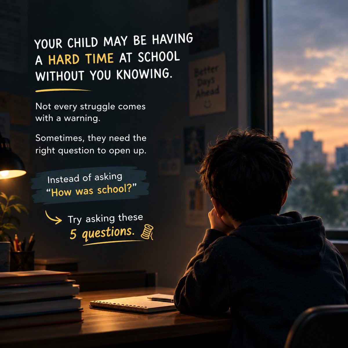 SharminNahar401's tweet photo. YOUR CHILD MAY BE HAVING A HARD TIME AT SCHOOL WITHOUT YOU KNOWING.

Not every struggle comes with a warning.

Sometimes, they need the right question to open up.

Instead of asking “How was school?”

Try asking these 5 questions. 🧵 https://t.co/huJnillmy8