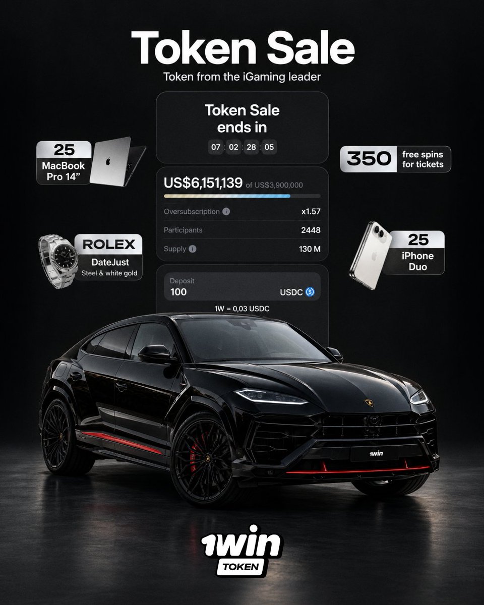 1winToken's tweet photo. Buy 1win Tokens and get tickets to win a Lamborghini Urus SE in 1win Lucky Drive

Until October 30, every full $100 spent during the Token Sale gives you 1 Lucky Drive ticket

Maximum: 32 tickets per user total, including tickets you already earned in Lucky Drive

Already bought 1win Tokens? Those purchases count too

To qualify:

- Buy tokens at https://t.co/m2IPkWuFY2
- Register or log in to https://t.co/5iI3DccA88
- Make a $10+ SOL deposit from the same wallet you used for the Token Sale 

The draw takes place on November 15

Available to both new and existing 1win players