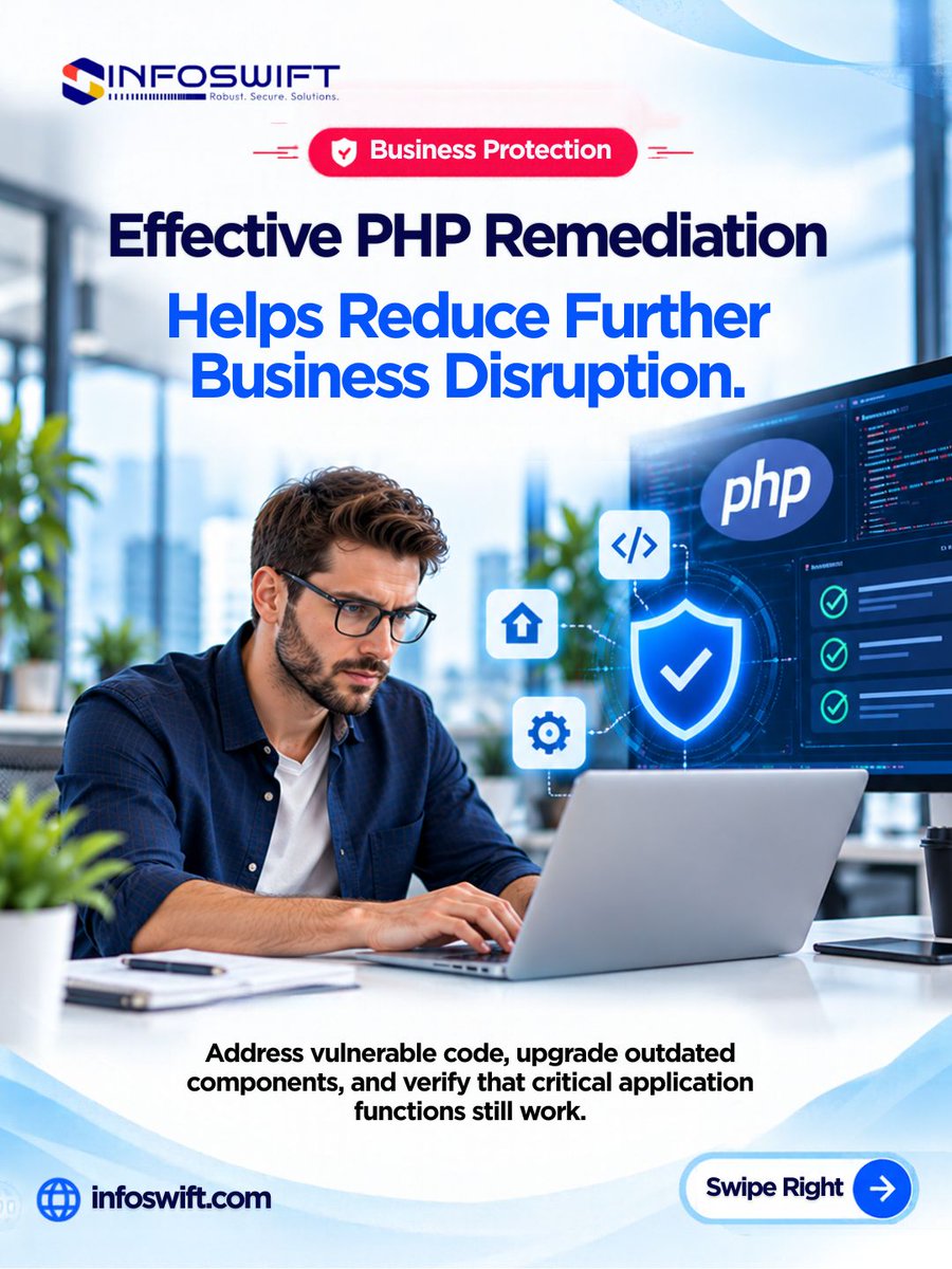 Infoswiftcs's tweet photo. @Infoswiftcs helps businesses strengthen application security and maintain business continuity with expert PHP support.
Don't wait for a security issue to become a business crisis.
DM Us: getinfo@infoswift.com
Visit: https://t.co/J3tp3K57OQ
#InfoSwift #PHPSecurity #PHPDevelopment https://t.co/V9Z3VeUUFl