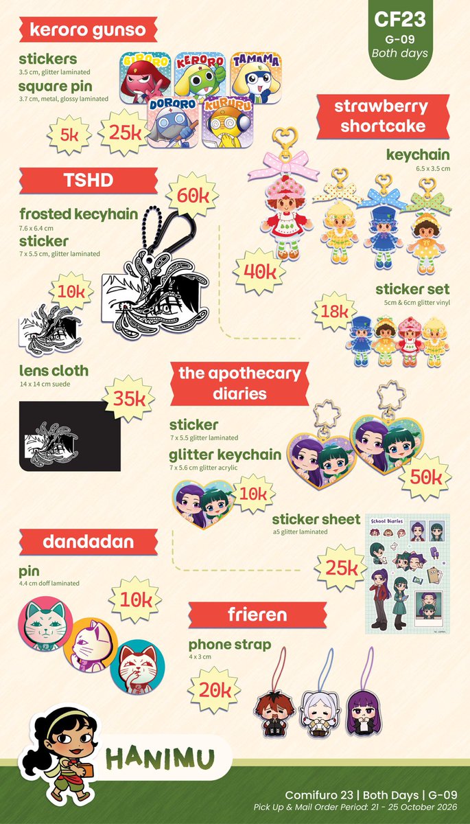 dividedfor's tweet photo. [🇲🇾MY GO] HANIMU Mail Order by @_hanimu_ 

(Severance, Jaadugar, Lngshot, Miiko, F1 Oscar, Keroro, Strawberry Shortcake, TSHD, 
Kusuriya, Dandadan, Frieren)

💰RM3~RM16
📆~ 30 Oct, 6pm    
✅ No second payment

➡️ https://t.co/xEHug2kBjs

#dividedforGO https://t.co/sE4pQW8bOb