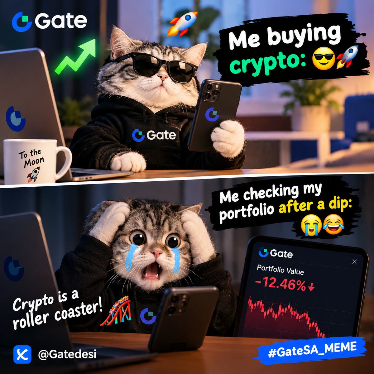 CryptoEarnClub's tweet photo. @Gatedesi Me buying crypto: 😎🚀
Me checking my portfolio after a dip: 😭😂

Crypto is a roller coaster! 🎢💸 @Gatedesi

#GateSA_MEME #CryptoMemes https://t.co/bBB0QBQmLL