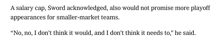 MinSub4's tweet photo. An MLB official said he doesn't believe that a salary cap would promise more playoff appearances to smaller market teams.

Don't let Pirates fans see this https://t.co/zWsbOTYmuI