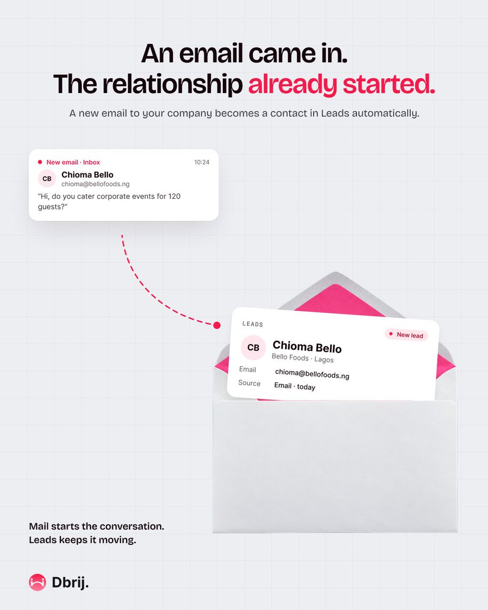 dbrij_hq's tweet photo. Someone emails your business for the first time.

That message may be the beginning of a sale, a partnership or a long term customer relationship.

So why should someone on your team have to copy their details into another system before the relationship can move forward?

With DBRIJ, a new person emailing your company address can become a contact in Leads automatically.

The conversation starts in Mail.
The customer context continues in Leads.

No repeated entry. No rebuilding the same person somewhere else.

One email can be the beginning of a relationship. DBRIJ keeps the context moving.

https://t.co/HptuC4jDbU

https://t.co/wW5Slz2Y8x