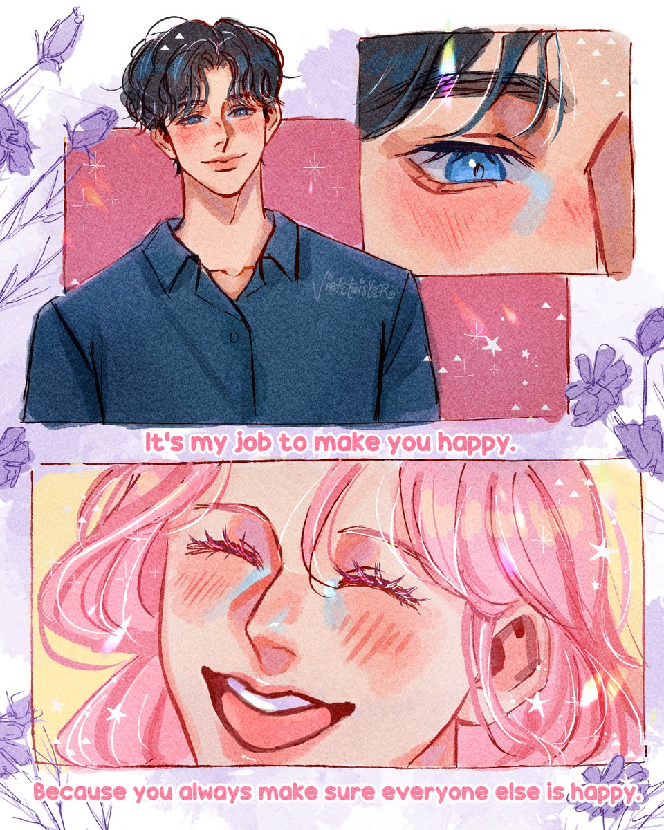 violetwister_'s tweet photo. "It's my job to make you happy, because you always make sure everyone else is happy." 

made these ocs to represent me and my partner. this applies to both of us, i appreciate that he's an empath too and i hope this resonates to someone else 🪻

#ocart #oc #coupleart https://t.co/9upk03QvwB