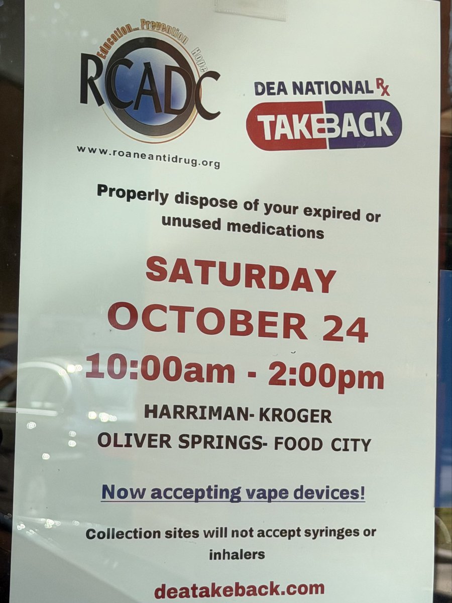 YagerTweets's tweet photo. In Roane County dispose of expired or unused meds at Harriman Kroger or Oliver Springs Food City  For other county locations check out  website below https://t.co/VZ7x18s8zD