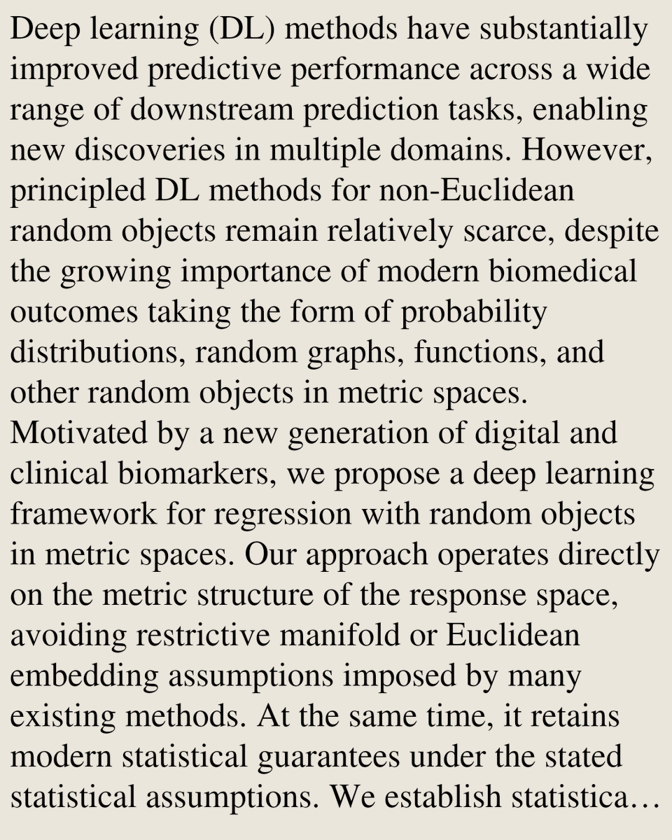 StatsPapers's tweet photo. Deep Learning for Random Objects in Metric Spaces: Beyond Manifold Assumptions

Marcos Matabuena, Xiaokai Luo, Oscar Hernan Madrid Padilla
https://t.co/Fgxg94Tr9i [𝚜𝚝𝚊𝚝.𝙼𝙻 𝚌𝚜.𝙻𝙶 𝚖𝚊𝚝𝚑.𝚂𝚃 𝚜𝚝𝚊𝚝.𝙼𝙴] https://t.co/QF2cJcRi3J