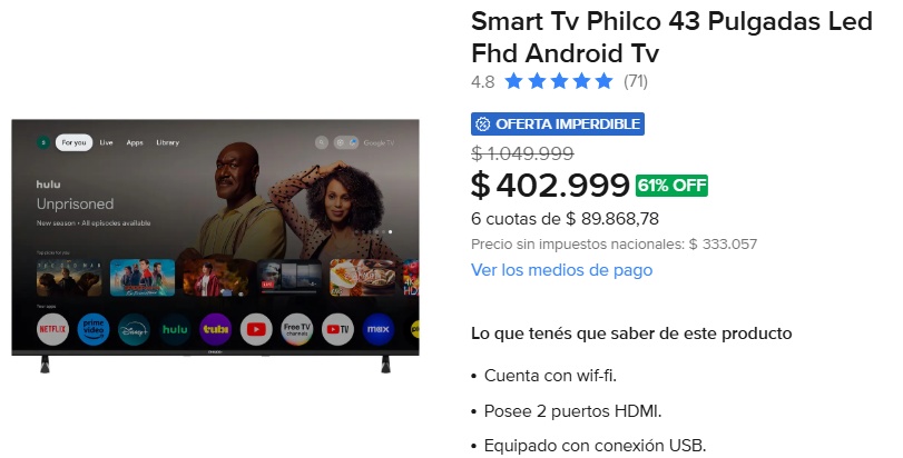 GangaradarAR's tweet photo. 🚨GANGA DETECTADA🚨

📺Si querés renovar el living volá que esta oferta es para vos.

❌ANTES: $1.049.999
✅AHORA: $402.999
🎟️CON CUPÓN: "MODONUBE", $8.000 OFF EXTRA
🔥AHORRÁS: $655.000 (-62%)
💰PRECIO FINAL: $394.999

😎 Link en hilo (activar cupón)

📲 En este perfil subo los hallazgos del día, pero los avisos instantáneos (antes de que se agote el stock) los paso por mi canal gratuito de Telegram. Tenés el link en mi bio.