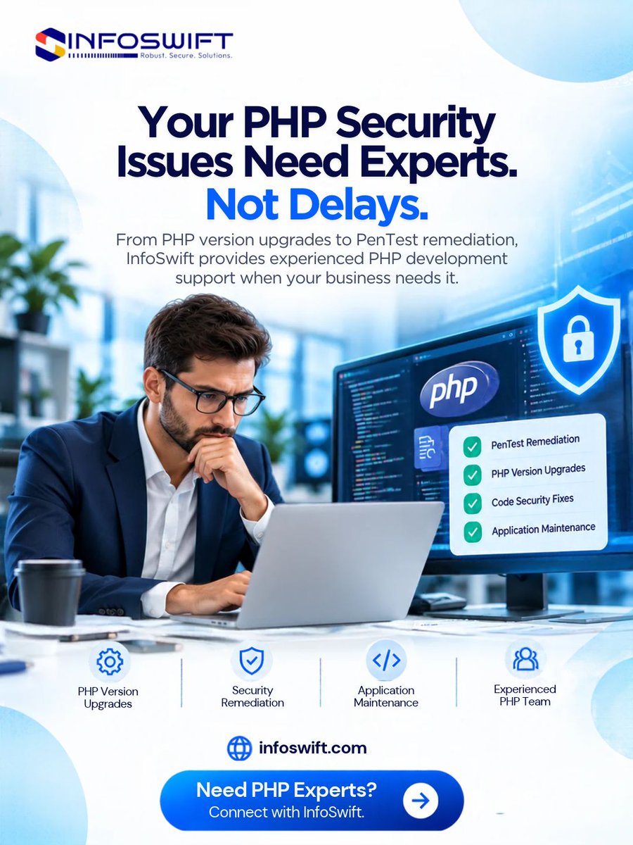 Infoswiftcs's tweet photo. PHP Security Issues Need Experts Not Delays!
@Infoswiftcs provides expert PHP development, maintenance services to help businesses strengthen application security, maintain business continuity.
📩getinfo@infoswift.com
🌐https://t.co/J3tp3K4zZi
#PHPDevelopment #PHPSecurity https://t.co/bzDSgvdpv4