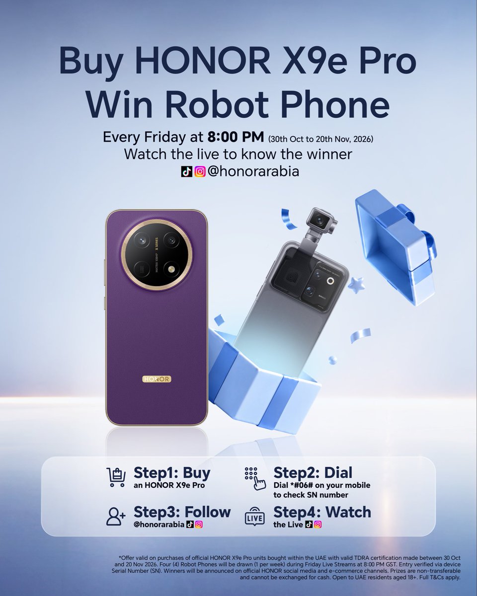 Honorarabia's tweet photo. اشتري هاتف #HONORX9ePro وادخلوا السحب لفرصة الفوز بـ #HONORRobotPhone https://t.co/xI81zWLA3i