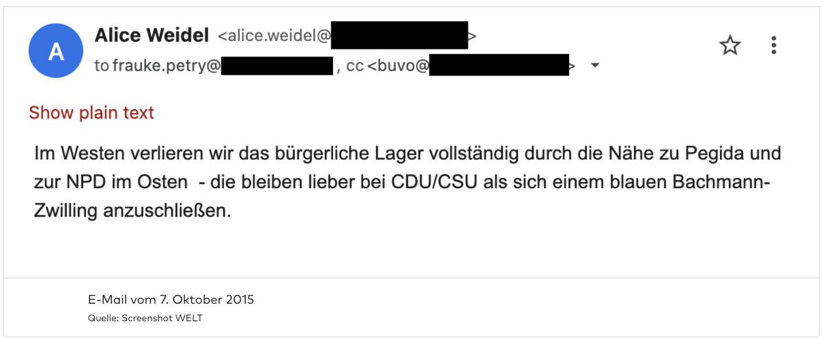 FreSchindler's tweet photo. Heute klingt Alice Weidel völlig anders: E-Mails aus den #AfDLeaks legen offen, wie scharf sich die heutige AfD-Bundesvorsitzende zwischen 2015 und 2017 intern immer wieder von Rechtsaußen abgrenzte – etwa von Höcke.

Recherche @welt, mit weiteren Mails: https://t.co/qqhgj0wUMF https://t.co/O1GQidFov0