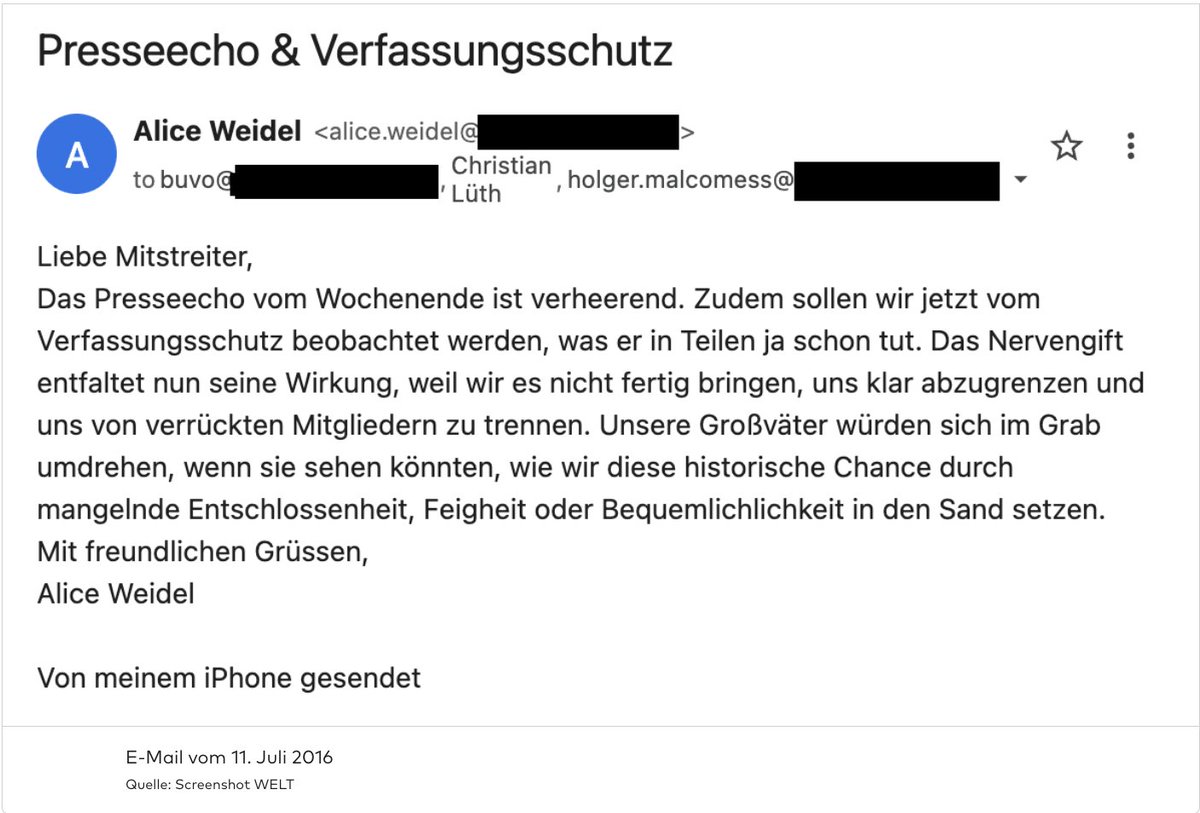 FreSchindler's tweet photo. Heute klingt Alice Weidel völlig anders: E-Mails aus den #AfDLeaks legen offen, wie scharf sich die heutige AfD-Bundesvorsitzende zwischen 2015 und 2017 intern immer wieder von Rechtsaußen abgrenzte – etwa von Höcke.

Recherche @welt, mit weiteren Mails: https://t.co/qqhgj0wUMF https://t.co/O1GQidFov0